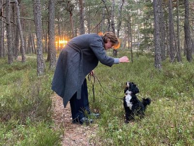 Edvin Ryding and Otis are out in the woods walking.